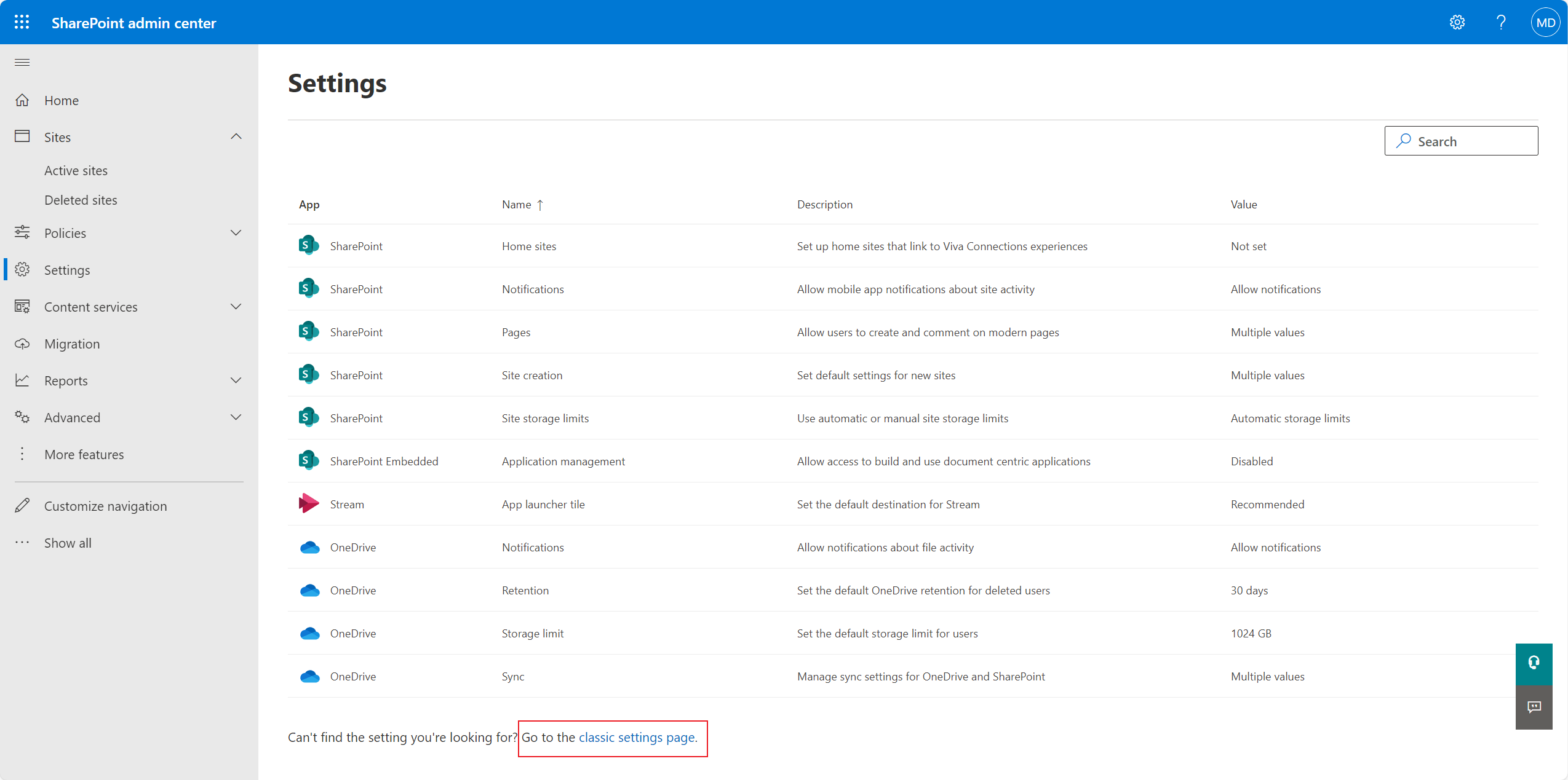 Go to the classic settings page.