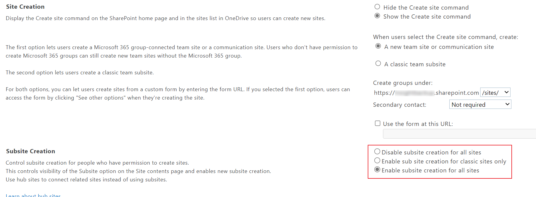 Enable subsite creation for all sites option.
