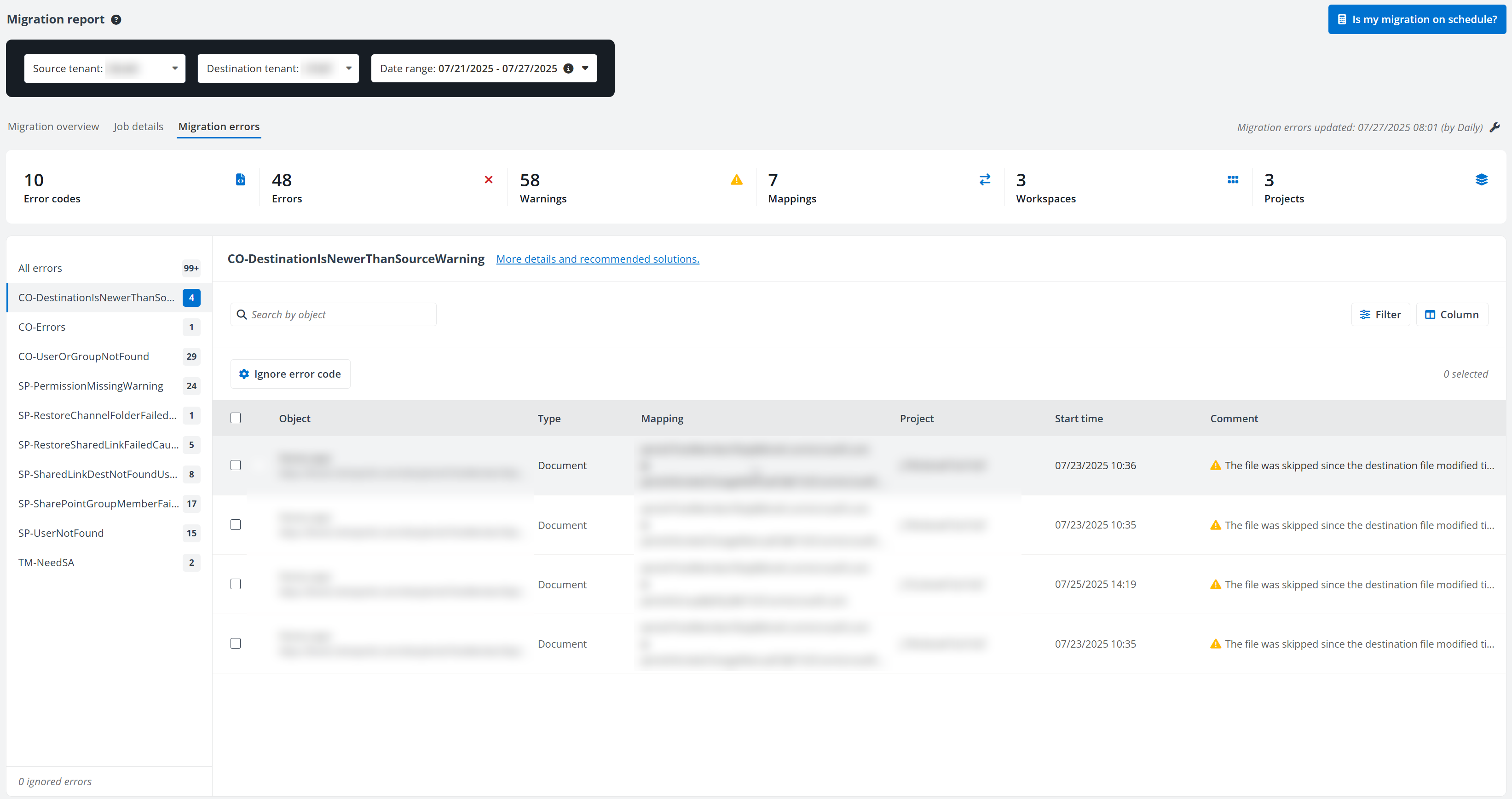 Migration errors tab.