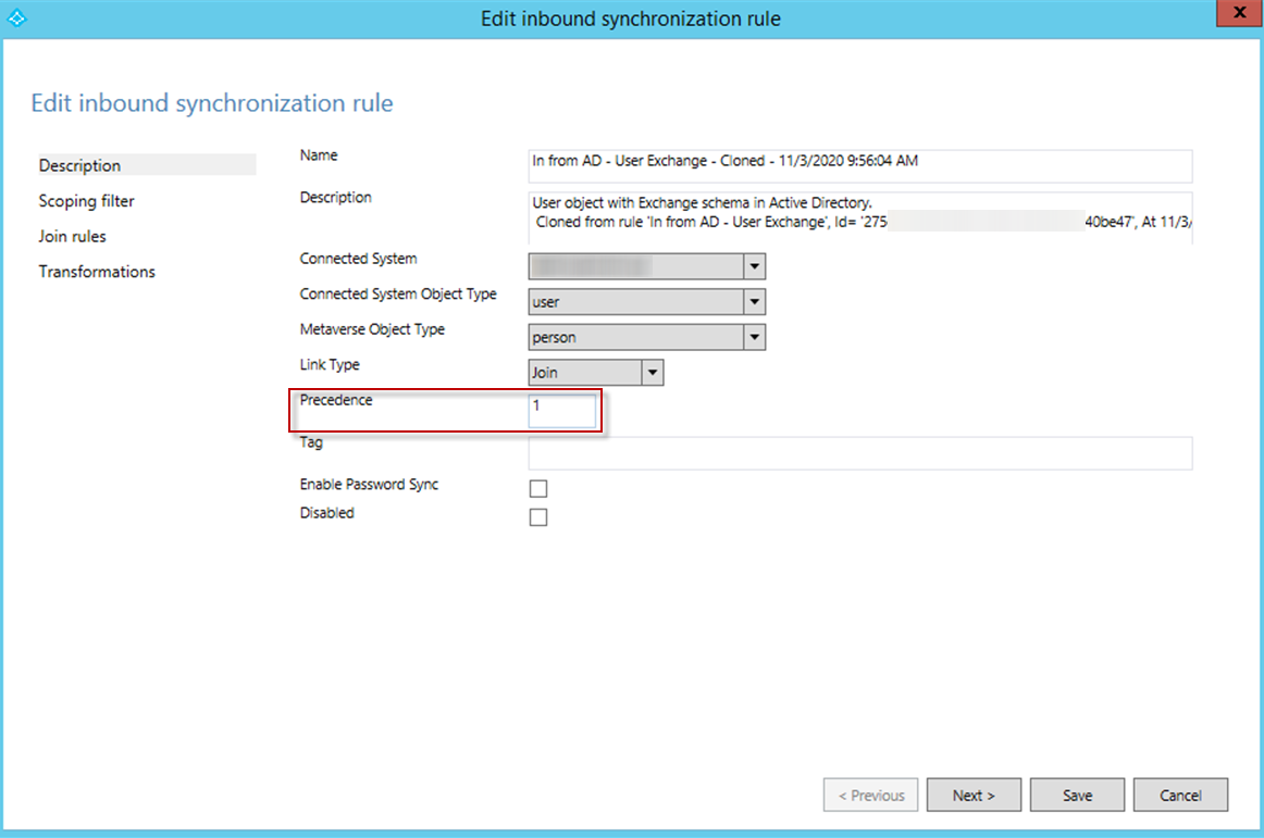 The Precedence value in the Description group The Precedence value in the Description group
