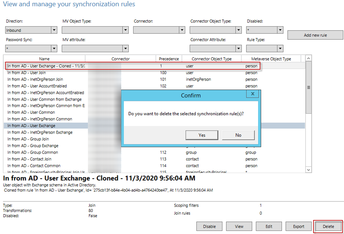 The In from AD – User Exchange - Cloned rule The In from AD – User Exchange - Cloned rule