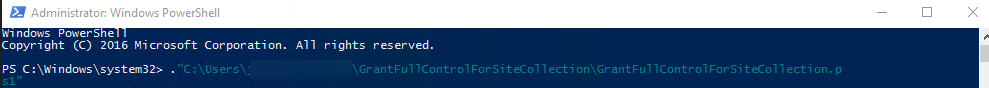 The full path of the GrantFullControlForSiteCollection.ps1 file. The full path of the GrantFullControlForSiteCollection.ps1 file.