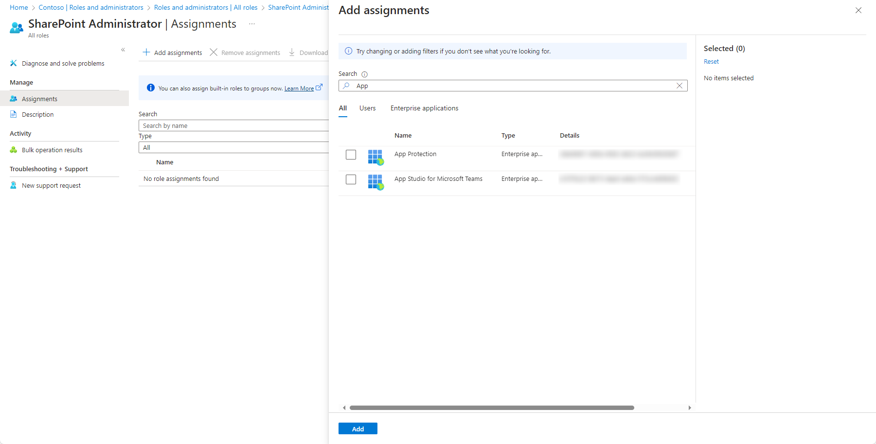 The Add assignments panel.