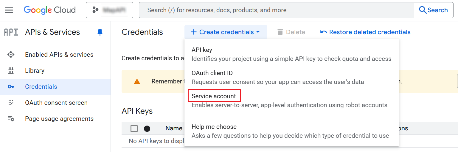 Clicking Service account.