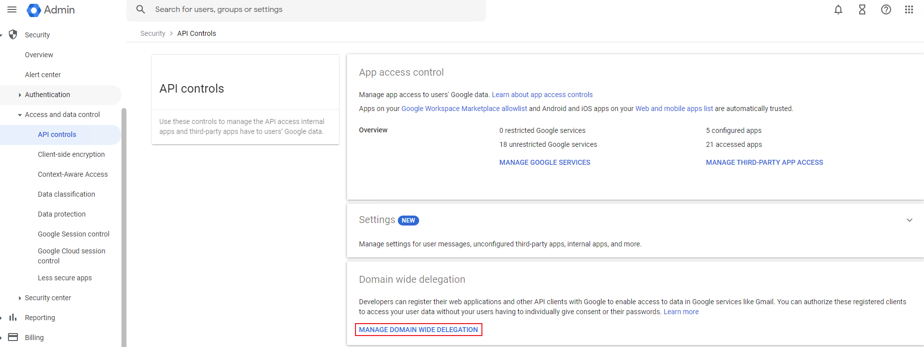 Clicking MANAGE DOMAIN WIDE DELEGATION.