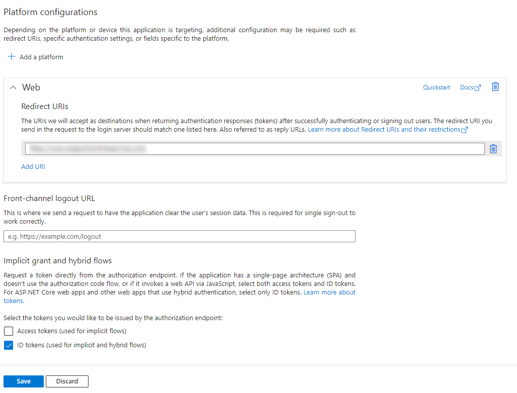 Configuring Redirect URIs and ID tokens settings.