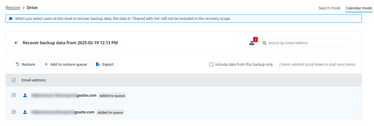 Adding users to the restore queue.
