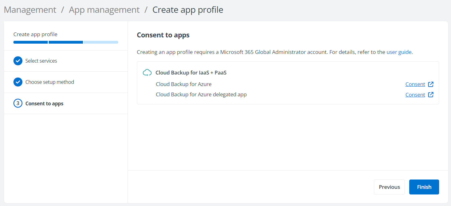 The Consent to apps step in the Create app profile wizard. The Consent to apps step in the Create app profile wizard.