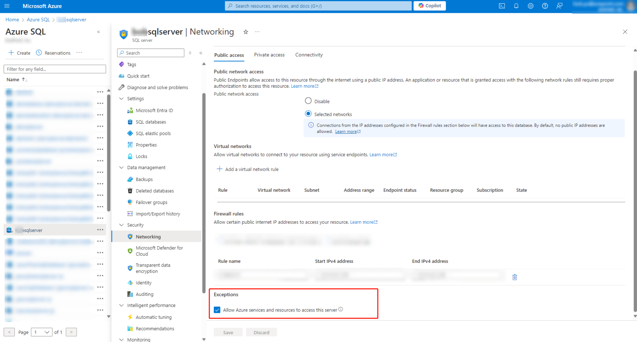 select the Allow Azure services and resources to access this server option. select the Allow Azure services and resources to access this server option.