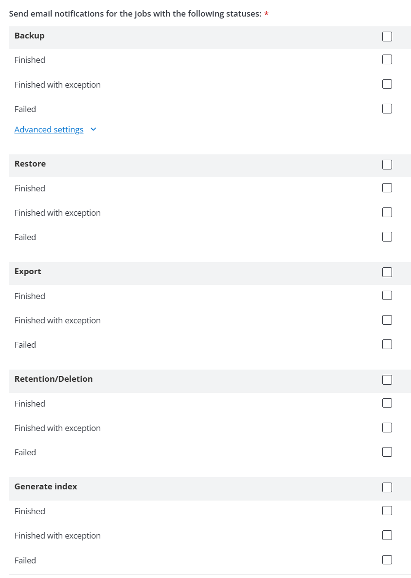The Send an email notification for the jobs in the following statuses section.