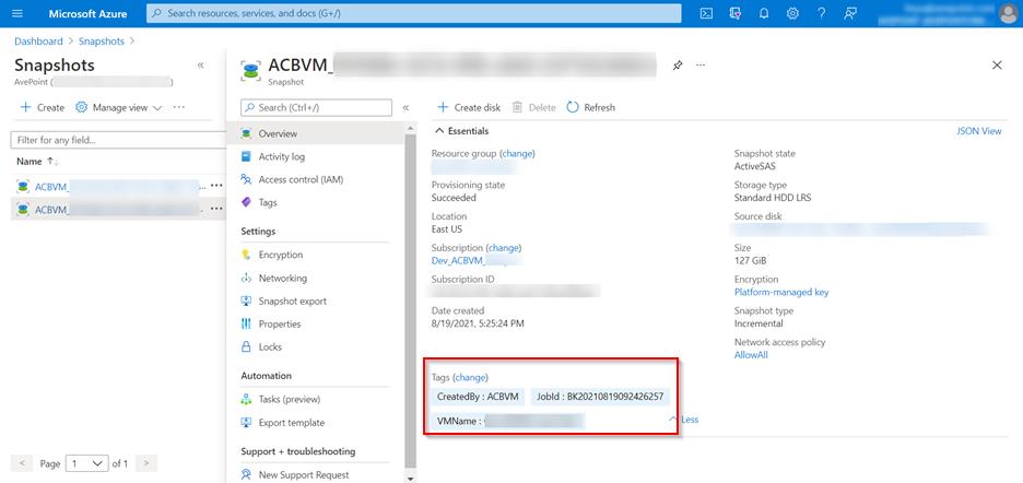 The tags added to the snapshot