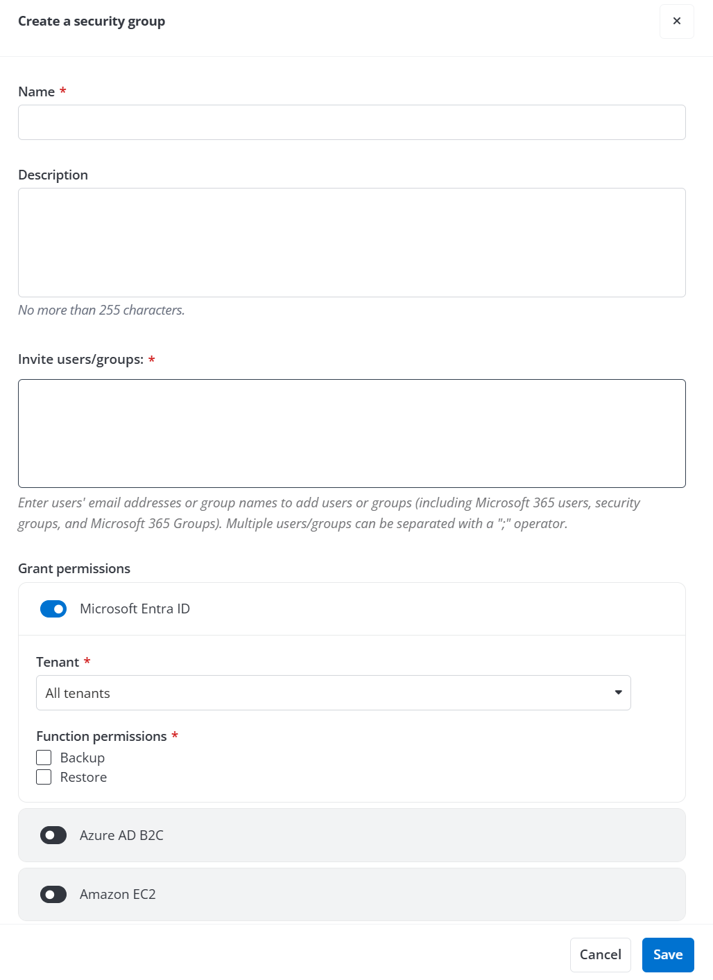 The Create a security group panel. The Create a security group panel.