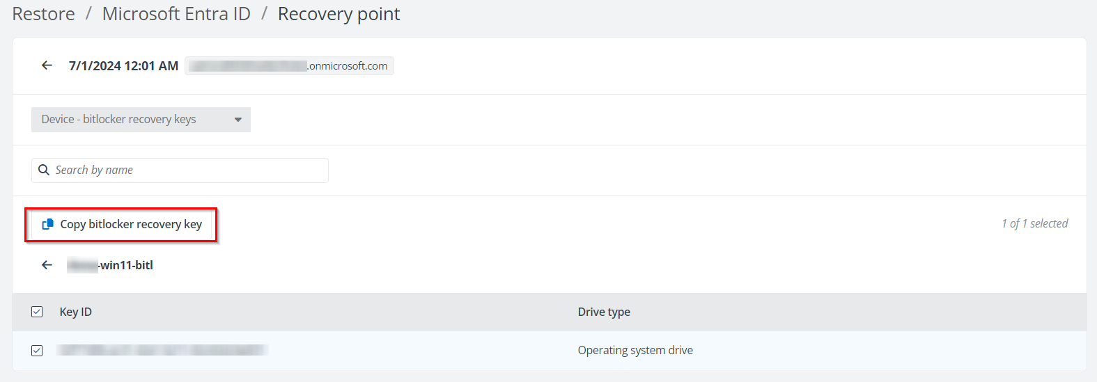 The Copy bitlocker recovery key button.