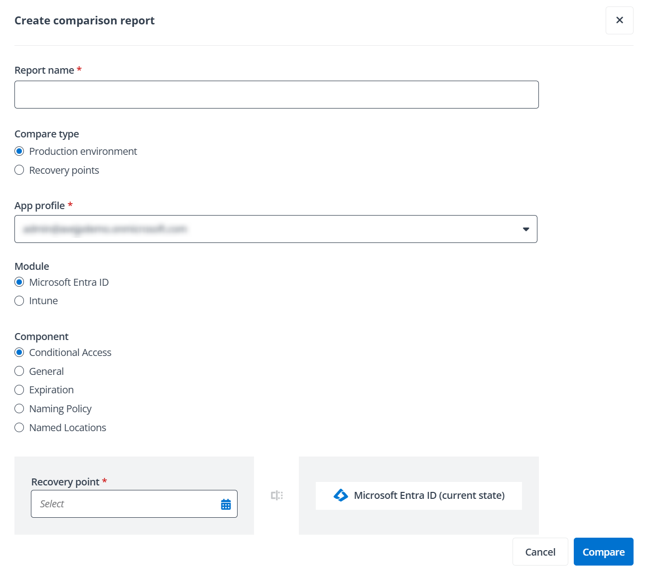 The Create comparison report panel. The Create comparison report panel.