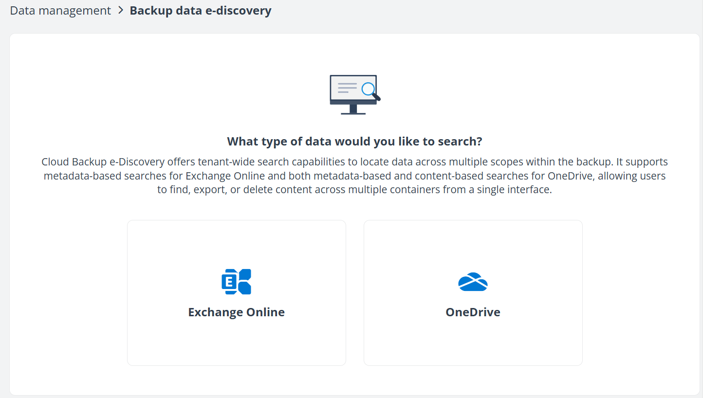 The Backup data e-discovery page.