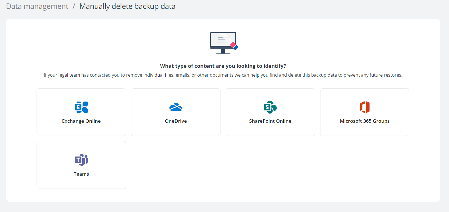 The Manually delete backup data page.