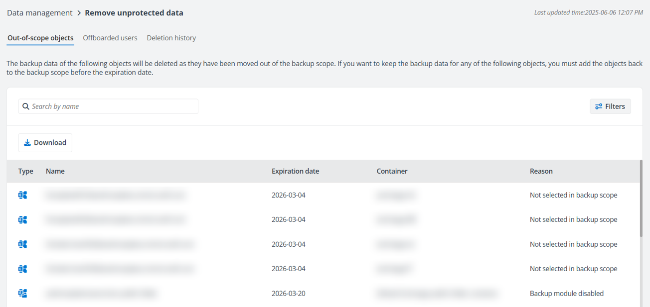 The Out-of-scope objects tab.