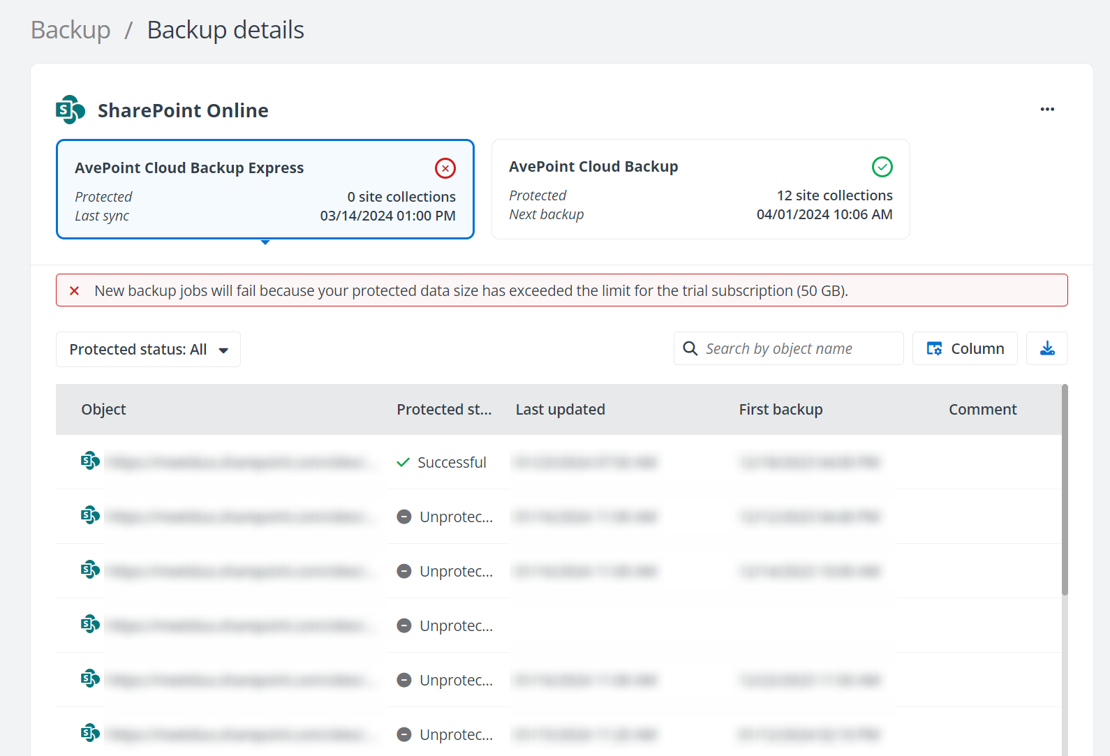 The Backup details page for AvePoint Cloud Backup Express.