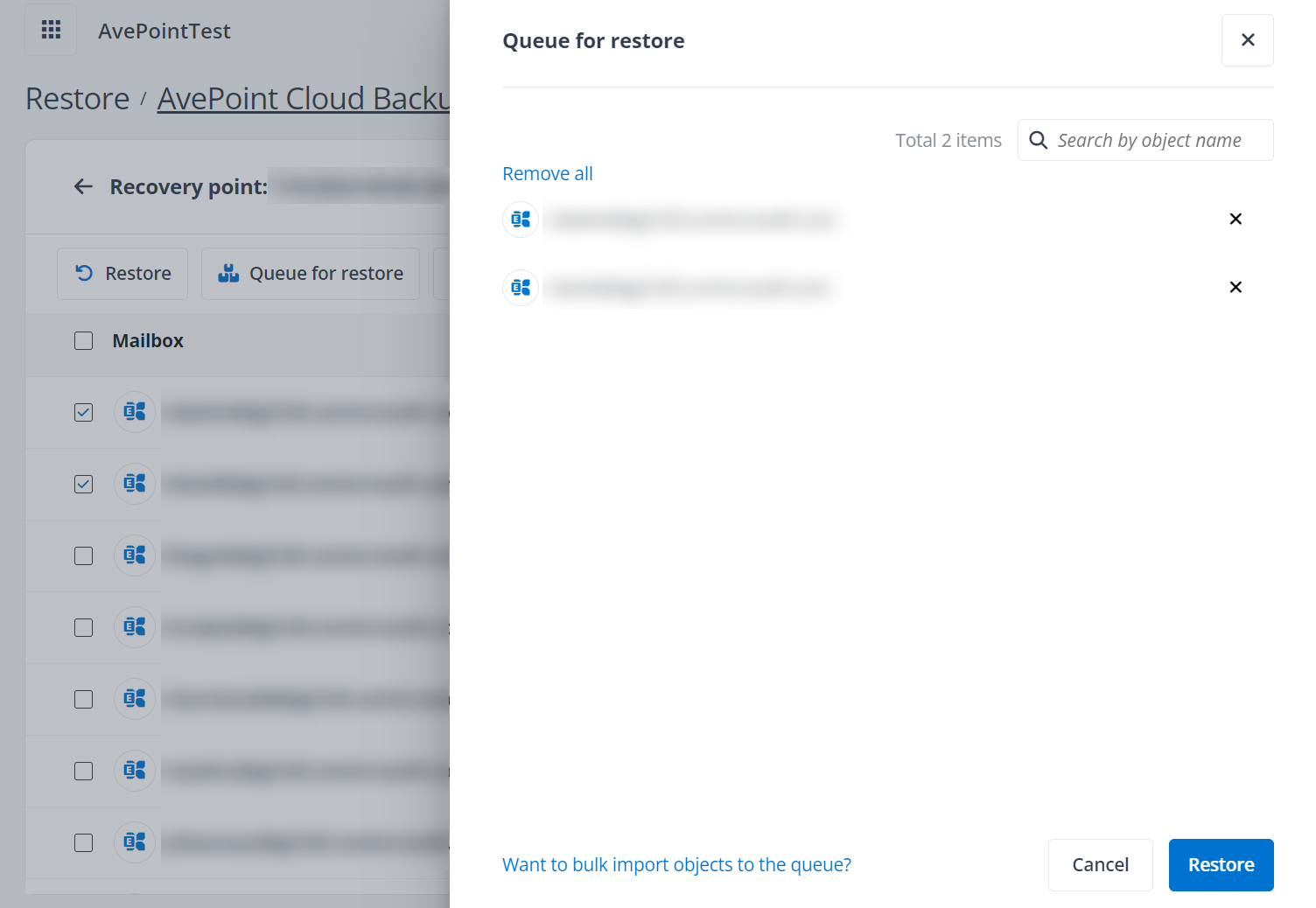 The Queue for restore panel. The Queue for restore panel.