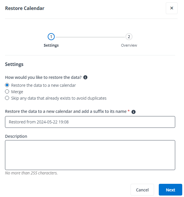 The Restore Calendar pane. The Restore Calendar pane.