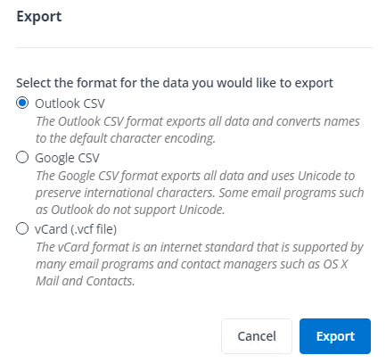 The Export pop-up window. The Export pop-up window.