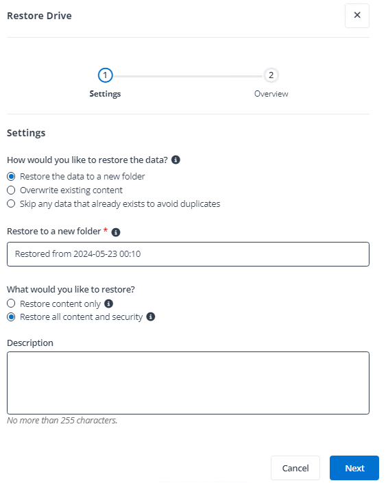 The Restore Drive pane. The Restore Drive pane.