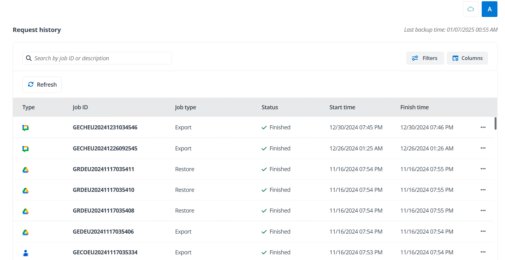 The Request history page.