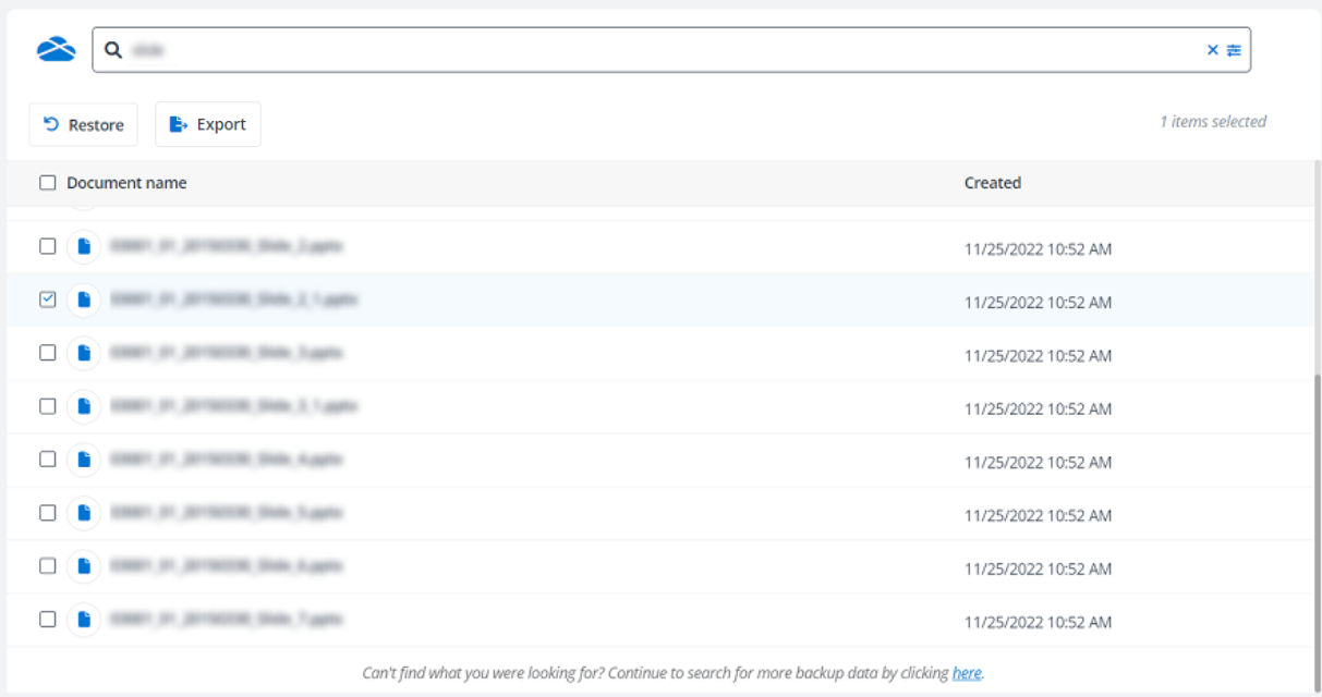 The table lists the search results. The table lists the search results.