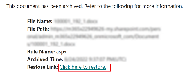 Clicking the restore link to open the page for restoring the file. Clicking the restore link to open the page for restoring the file.