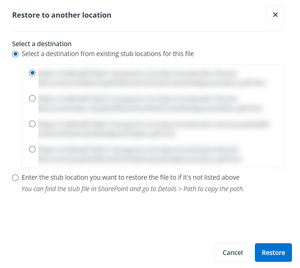 The Restore to another location panel. The Restore to another location panel.