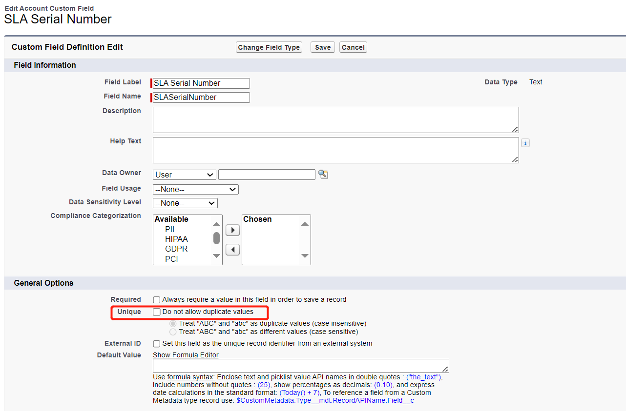 The Do not allow duplicate values option.