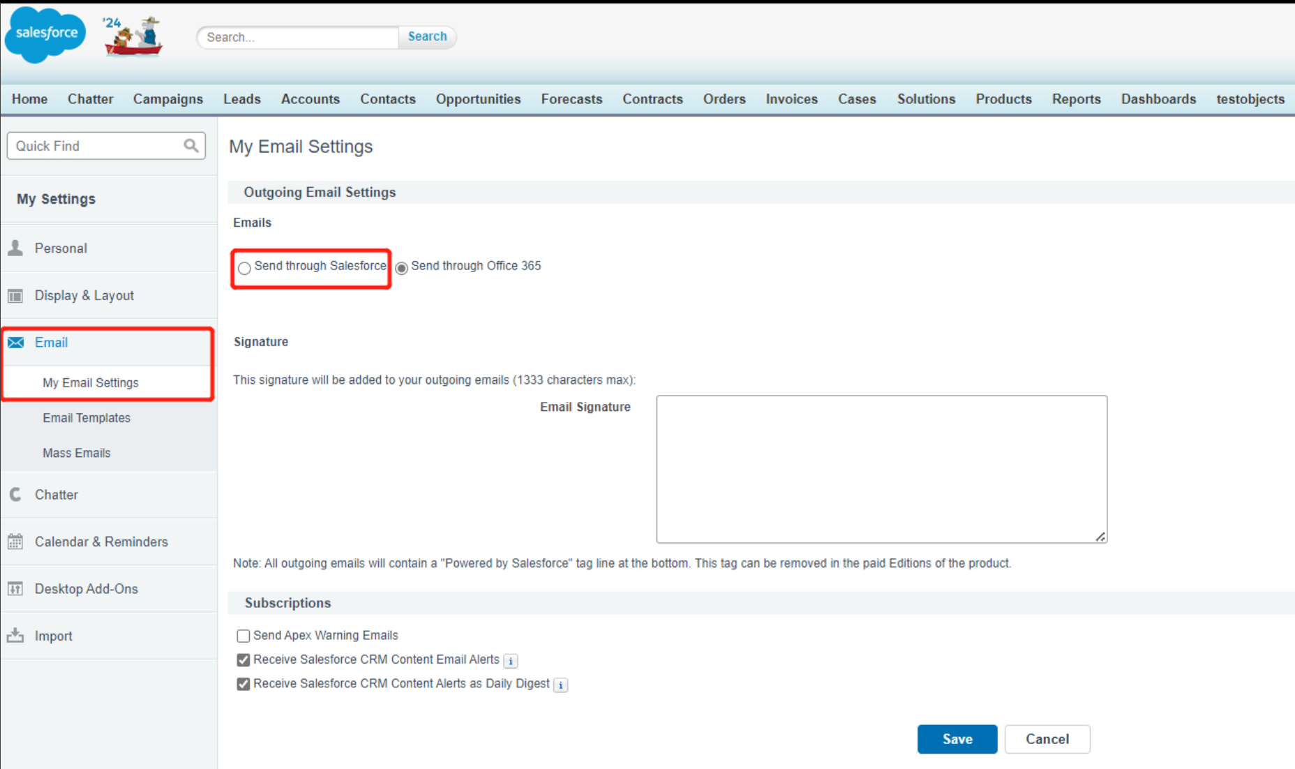 Email > My Email Settings > Send through Salesforce. Email > My Email Settings > Send through Salesforce.