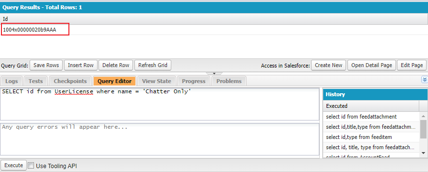 The query result of the Chatter Only license ID