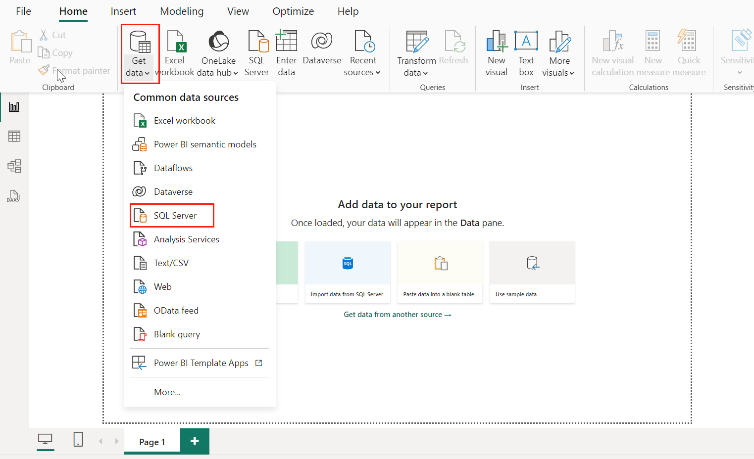 Get Data > SQL Server.
