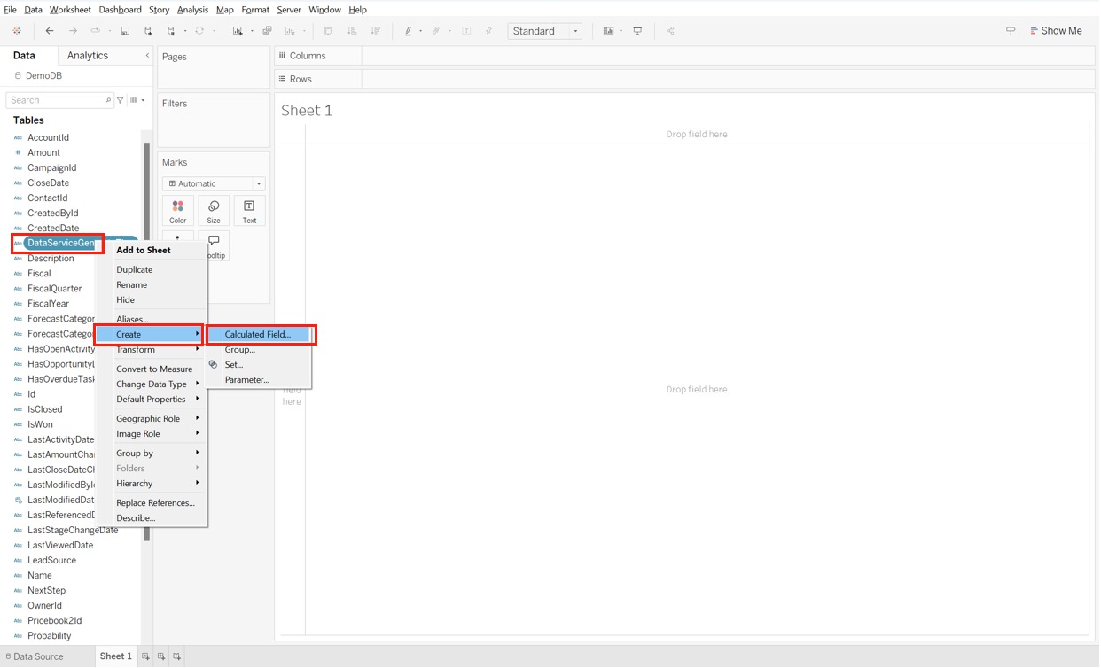 DataServiceGenerateTime > Create > Calculated Field… DataServiceGenerateTime > Create > Calculated Field…