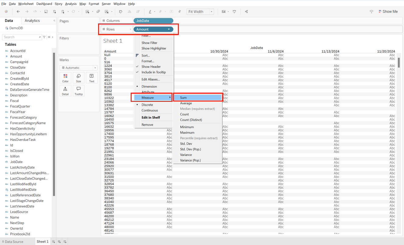 Amount > Measure > Sum. Amount > Measure > Sum.